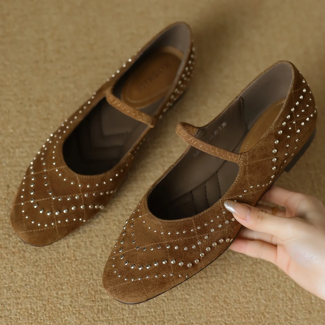 

Women's natural suede leather metal buckle rivet decoration slip-on Mary Jane flats elegant ladies slim daily dress shoes woman