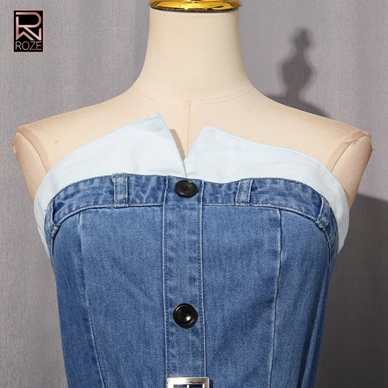 프렌치 레트로 스타일 데님 맥시 드레스 2025 - 버튼과 타이 웨이스트가 있는 코르셋 뷔스티에