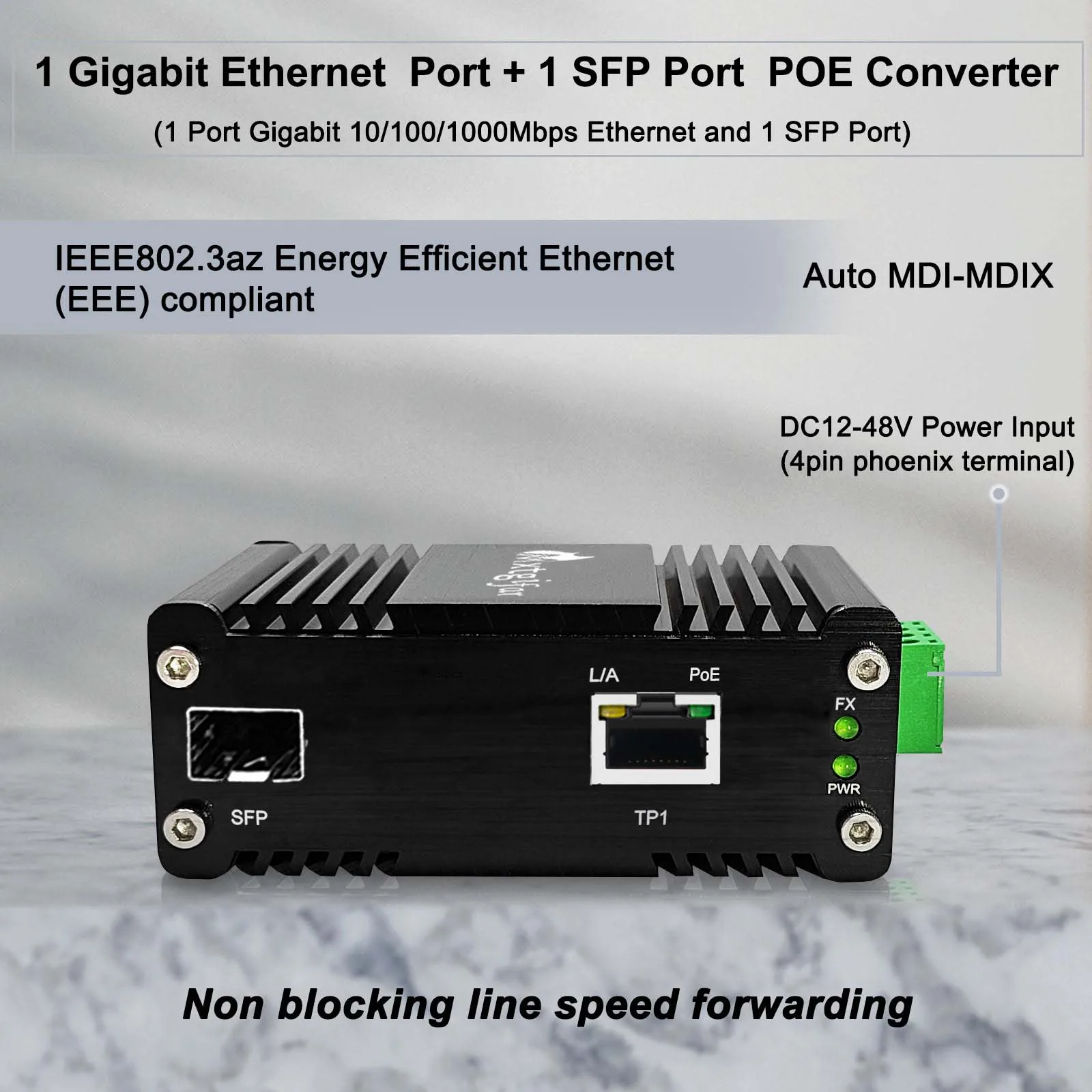 Industrial (PoE) Media Converter with Gigabit RJ45 and SFP Port, Ethernet 10/100/1000Mbps to Fiber Switch 30W 90W Din Rail Mount