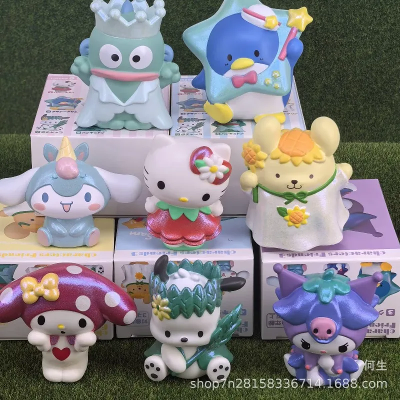 Sanrio personaje amigos 3 figura de Anime caja ciega juguetes lindo My Melody Kuromi Cinnamoroll Hangyodon coleccionar adornos