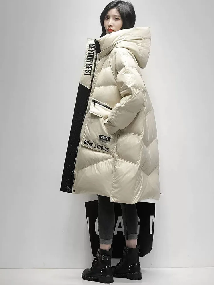 Imagem -05 - Inverno Preto Longo 90 Pato Branco para Baixo Jaqueta Feminina Streetwear Nova Moda Carta Solta à Prova de Vento Parkas com Capuz para Baixo Cabolsas 2023