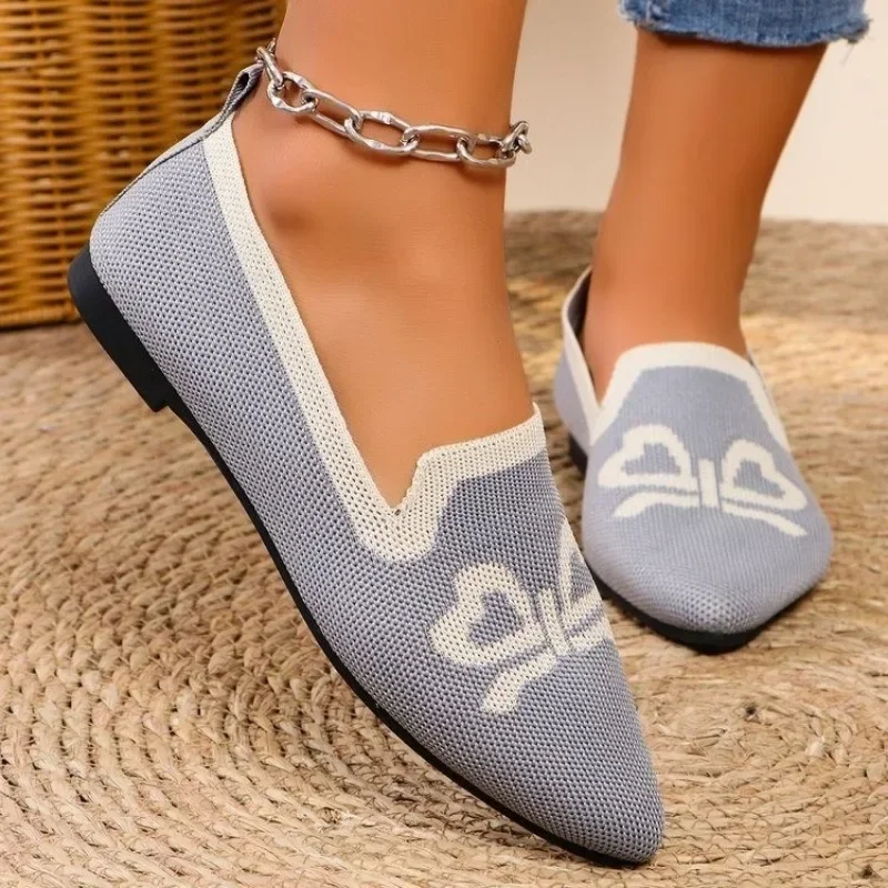 Autumn Women Casual Shoes for Woman Slip-on Pump Knit Single Flat Shoes Breathable Pointed Head Ladies Cloth Loafers Size 43