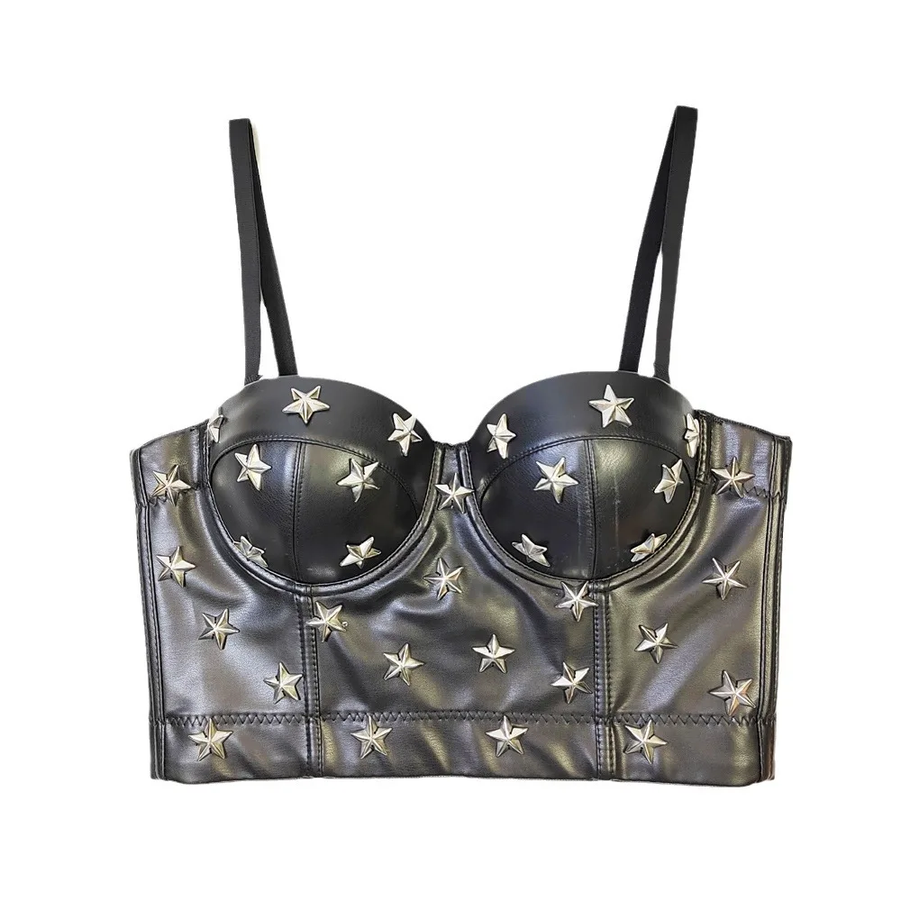 

Cross-Border PU Leather Dance Vest oulder Bared Small Chest Illusion Korean Sle Outwear ort Fit Women's Tank Top