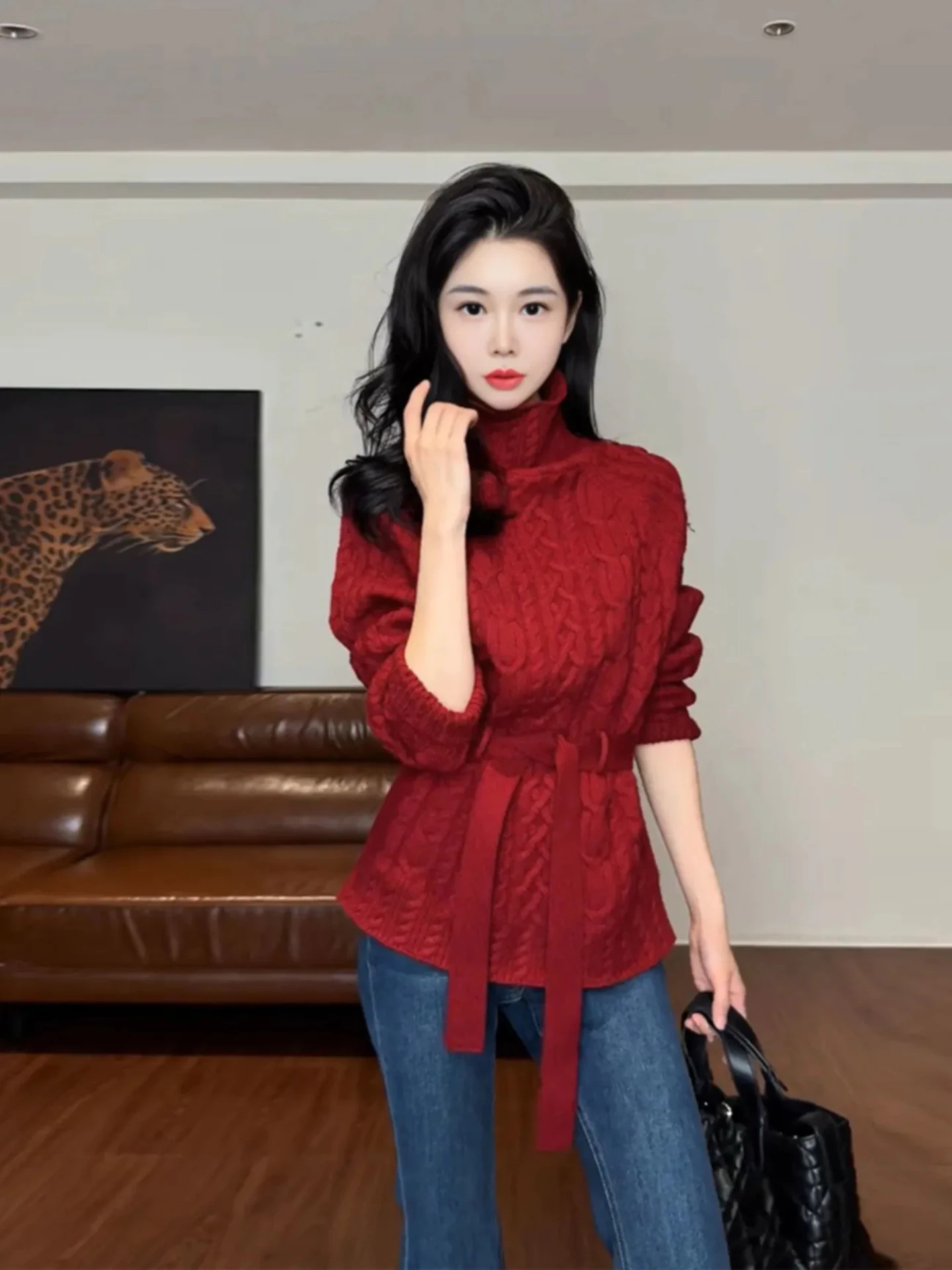 

Thiened High Collar Sweater Women's Loose Warm Winter Commute Soft Base irt New Year's Faion Knitted Long Sve Top