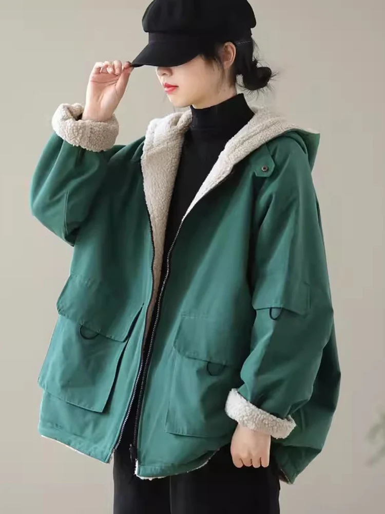 

Oversized Plus Velvet Women Parkas 2024 New Winter Casual Loose Cotton-Padded Hooded Jackets Quilted Safari Style Outerwear Coat