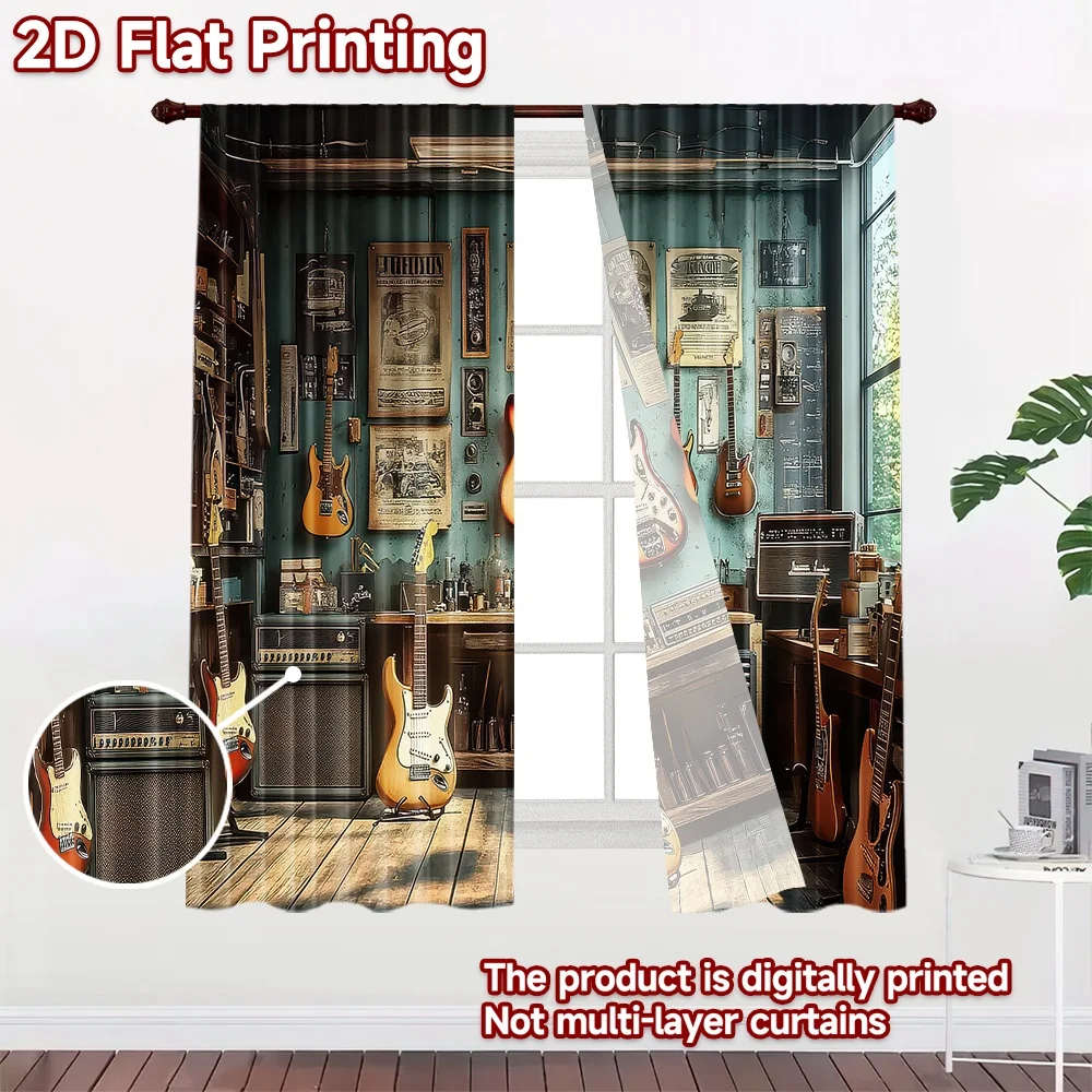 2D flat printing 2pcs Drapes Guitars in Workshop Digital Printed Polyester Drapes Festive Wall Decor for Photo Booths & Events