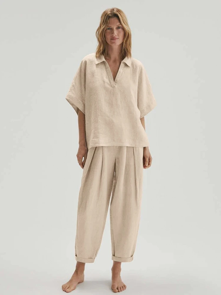 

Khaki Cotton Sleepwear Women's Suit Half Sleeve Pants Women Pajama Lapel V Neck Nightwear Autumn Home Suit Loose Pant Sets New