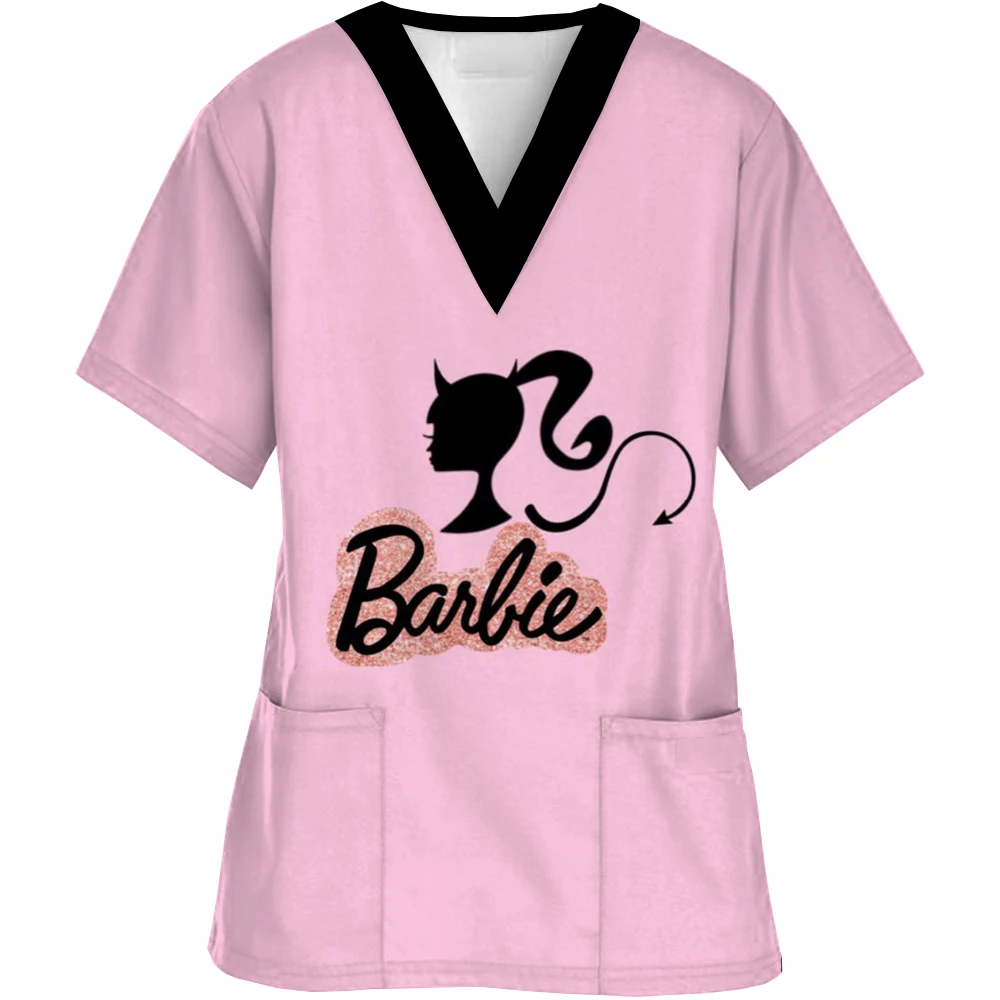 

Surgical Uniforms Woman Summer Fashion Barbie print Microelastic V-Neck Dental Nurse Casual Short Sleeve Clinical Uniform Woman