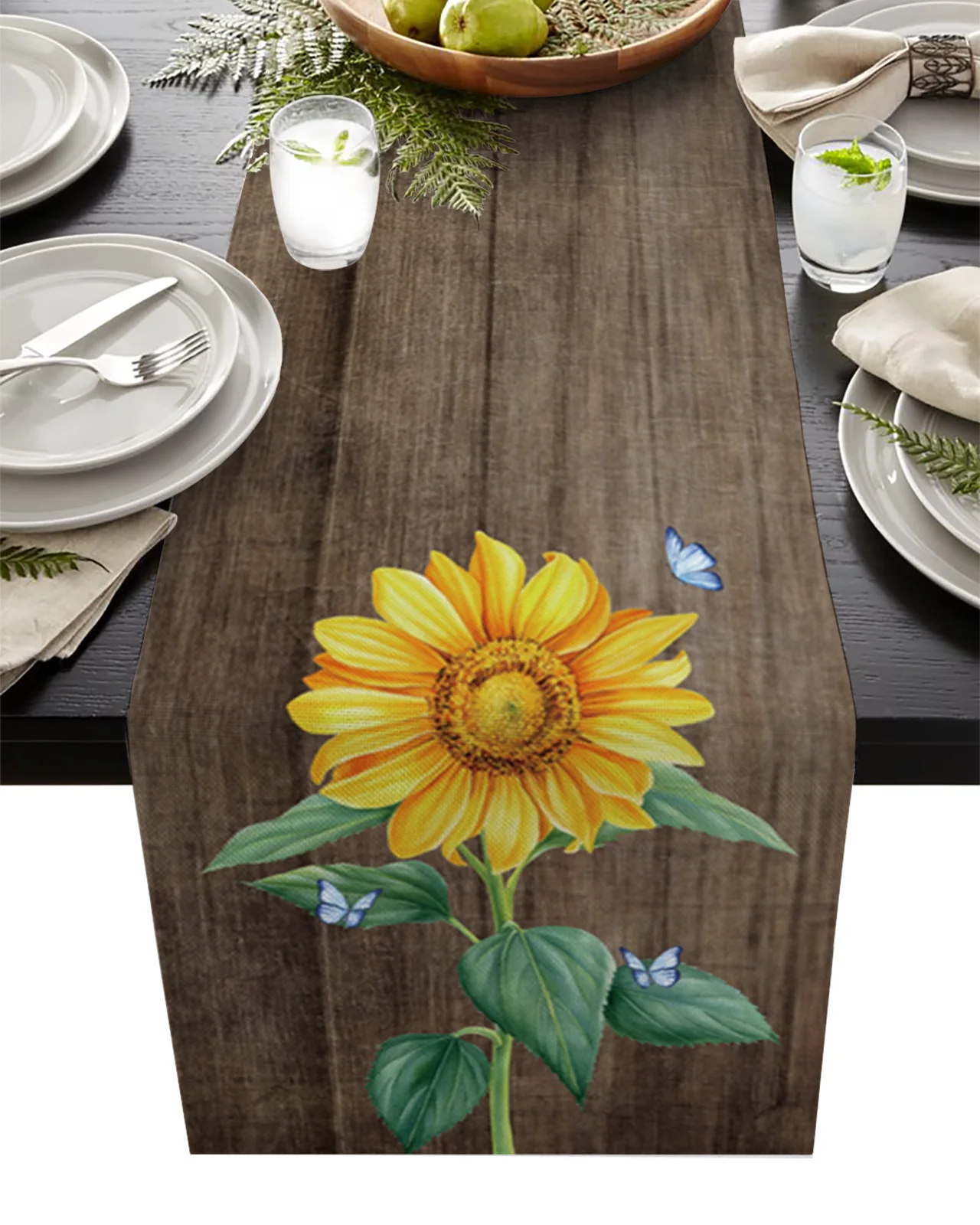 

Sunflower Butterfly Pattern Dining Table Runner Country Decor Anti-stain Rectangular Table Runner for Dining Table Table Cover