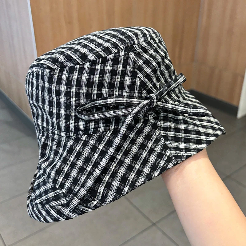 Spring Summer Plaid Bowknot Sunshade Fisherman Hats Women Outdoor Versatile Bucket Hat Foldable