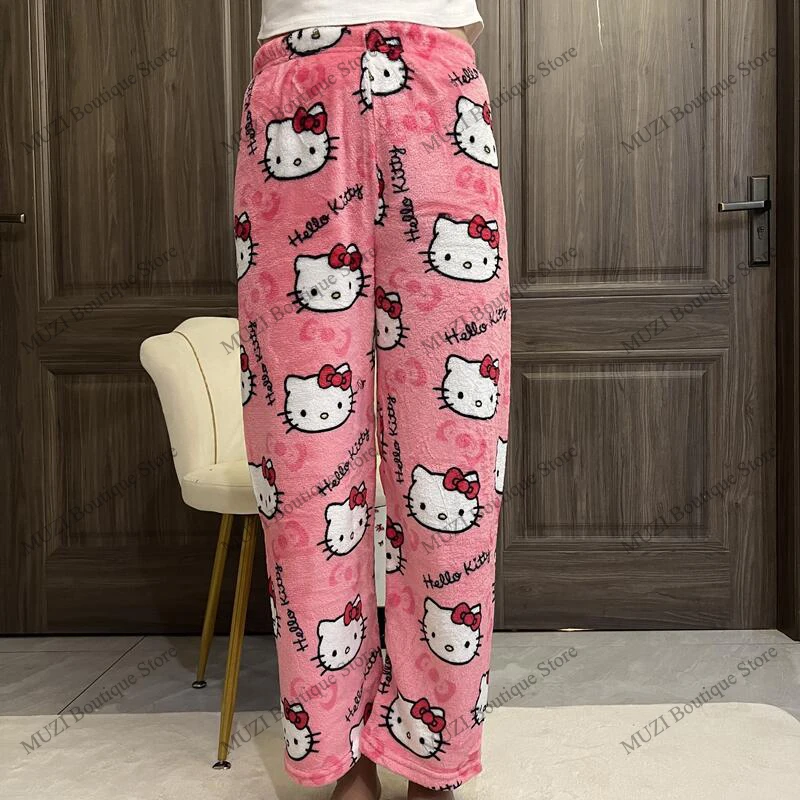 Sanurgente-Pantalon Hello Kitty pour femme, pyjama de dessin animé mignon, velours élastique doux, FJM confortable, pantalon pour la maison, cadeaux