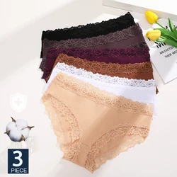 FINETOO 3Pcs Lace Sexy Panty Women's Cotton Panties Lace Briefs Comfortable Briefs Low Waist Underpants Stretch Underwear Lady