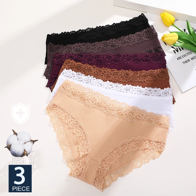 FINETOO 3Pcs Lace Sexy Panty Women's Cotton Panties Lace Briefs Comfortable Briefs Low Waist Underpants Stretch Underwear Lady