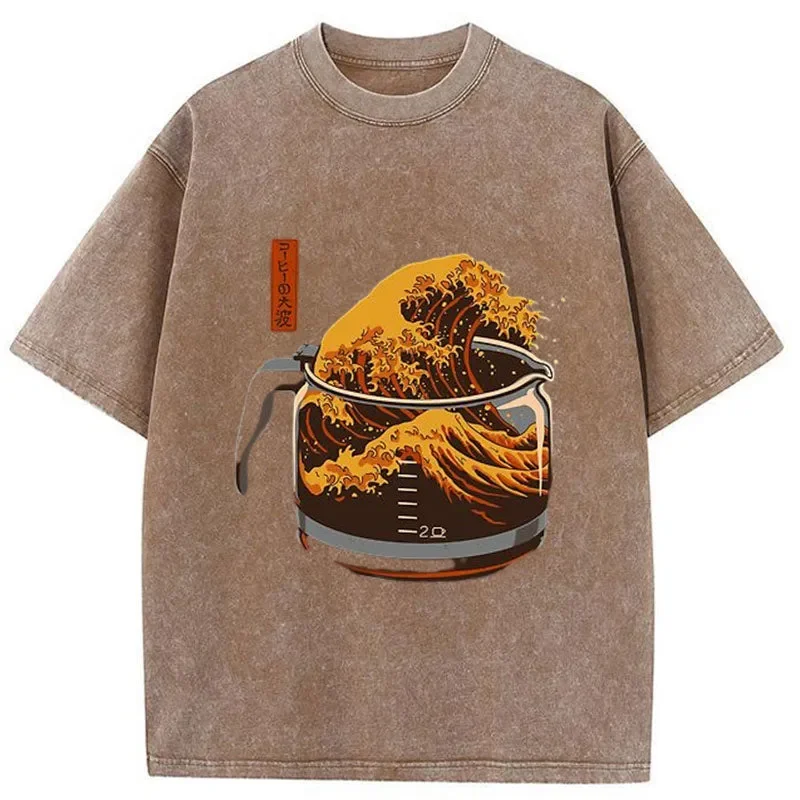 SOVOB T Shirt Men Short Sleeve T-shirts New in Top&Tee clothes  Casual mens Clothes The Great Wave of Coffee Cartoon T-shirt