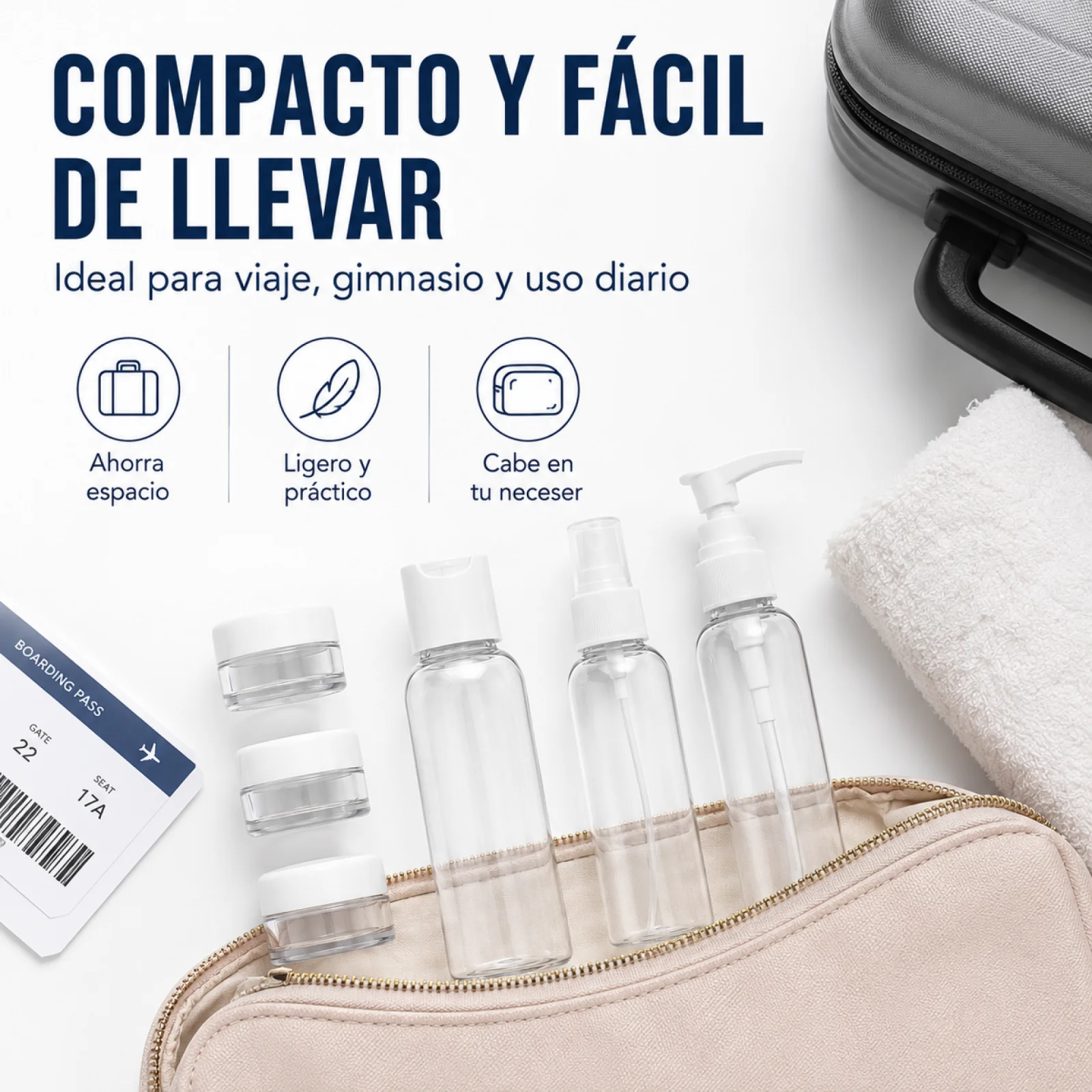 Ensemble de voyage 6 pièces avec bouteilles rechargeables de 100 ml et pots de 10 ml, kit en plastique transparent pour shampoing, lotion et crèmes, adapté aux avions et aux salles de sport, design réutilisable
