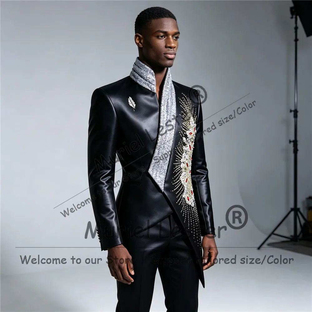 Luxury Men's Suit Formal Wear Crystals Beading Satin Jacket Pants 2 Piece Sets Unique Design Man Banquet Party Tuxedo Attire