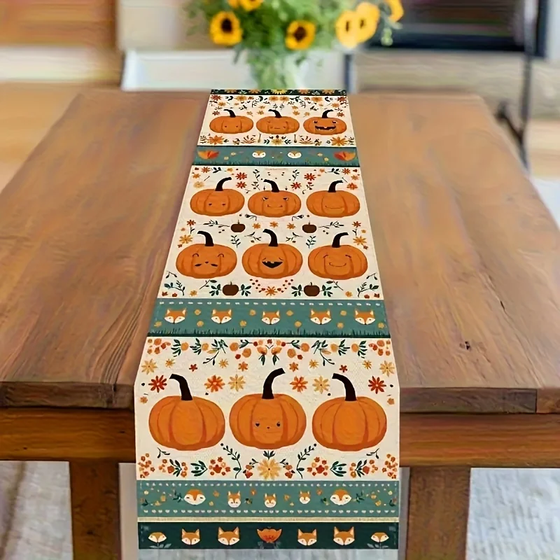 1Pc Halloween Table Decoration - Autumn Thanksgiving Theme Pumpkin, Fox and Floral Pattern Orange, Green, Brown Autumn Tone, Suitable for Restaurants, Homes, Dinners, Art Exhibitions.
