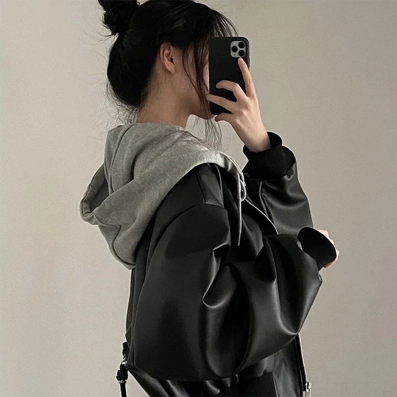 AI.Fashion Hooded Loose Leather Jackets Women Fashion Faux Leather Coats Spring Autumn Korean PU Jackets