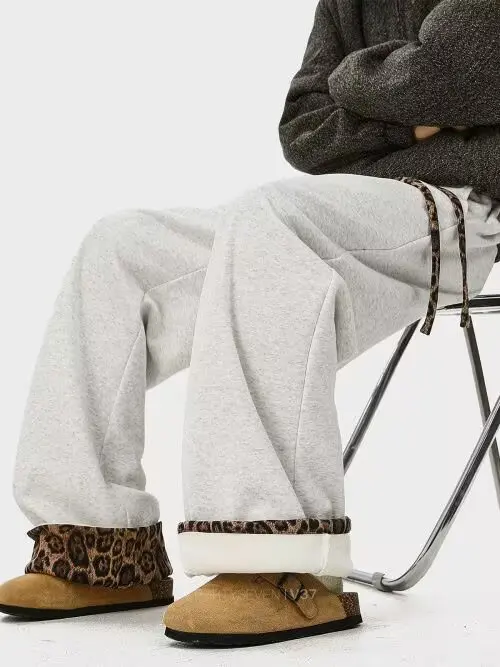 

Retro American Leopard Print Patchwork Cotton Pants Thiened Fce Loose Fit Hip Hop Sport Trousers for Men And Women
