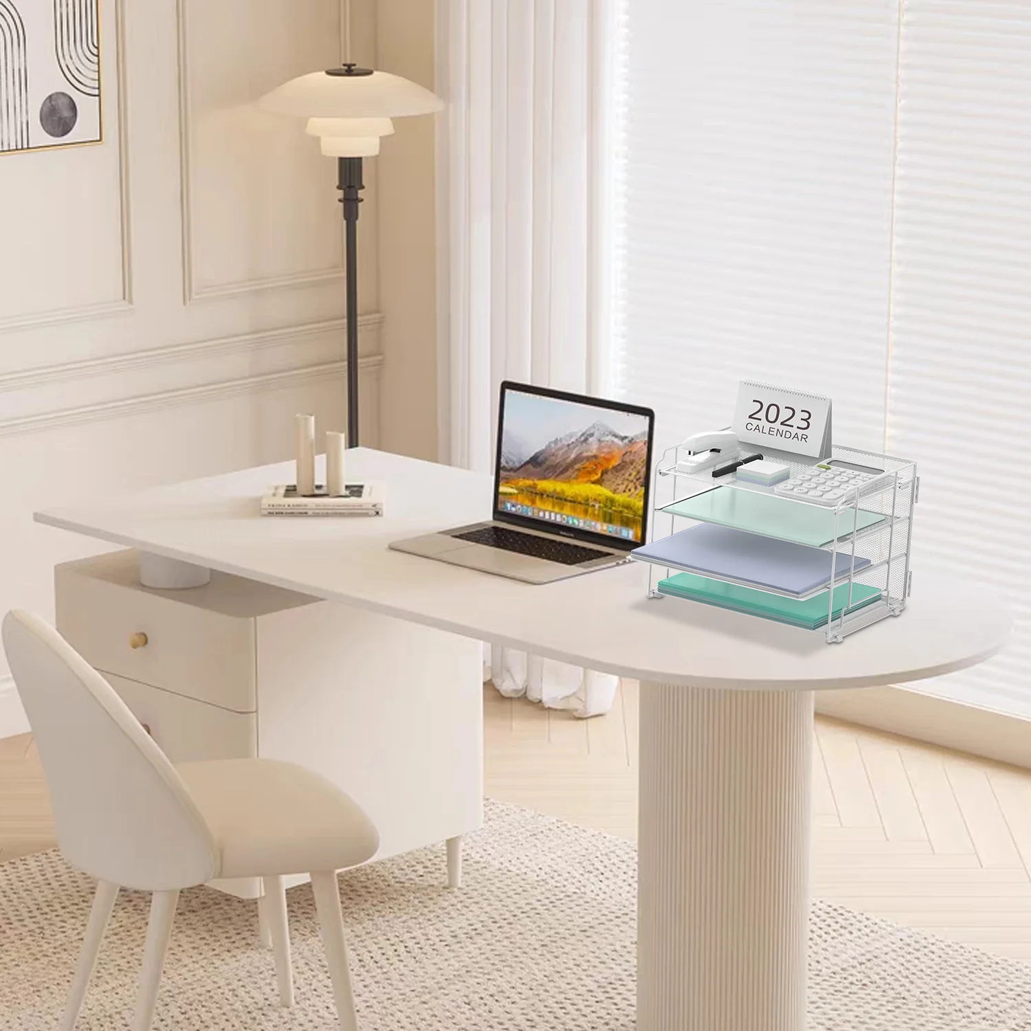 4 Tier Desktop Organiser with Drawer for Writing Paper Tray, Pen Holder with Mesh Metal Desktop Organiser for Home Office Use