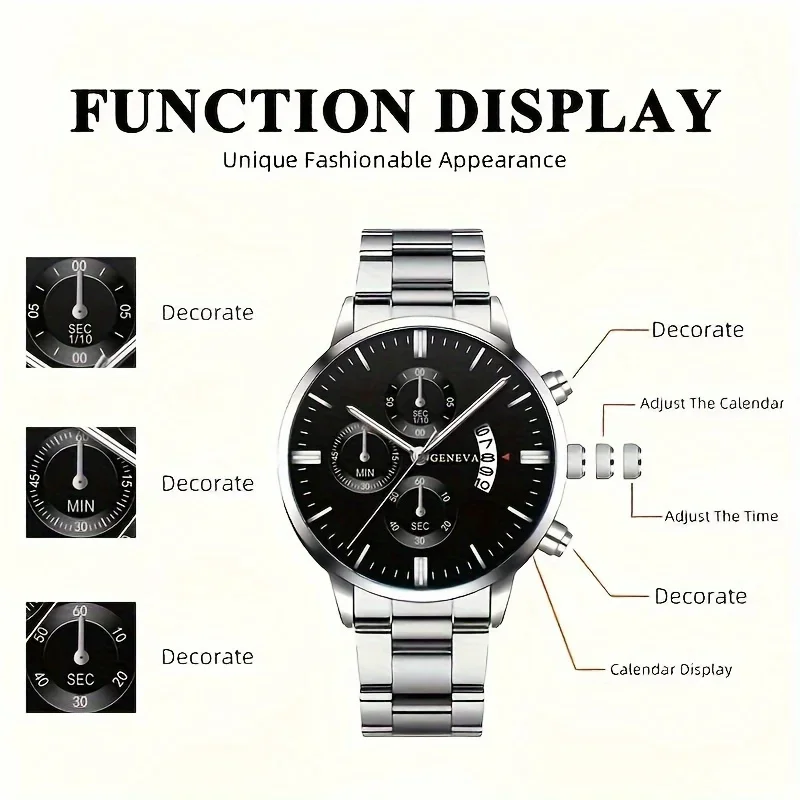 Мужские модные часы из 4 предметов с календарем - кварцевый механизм в деловом стиле с круглым циферблатом из нержавеющей стали