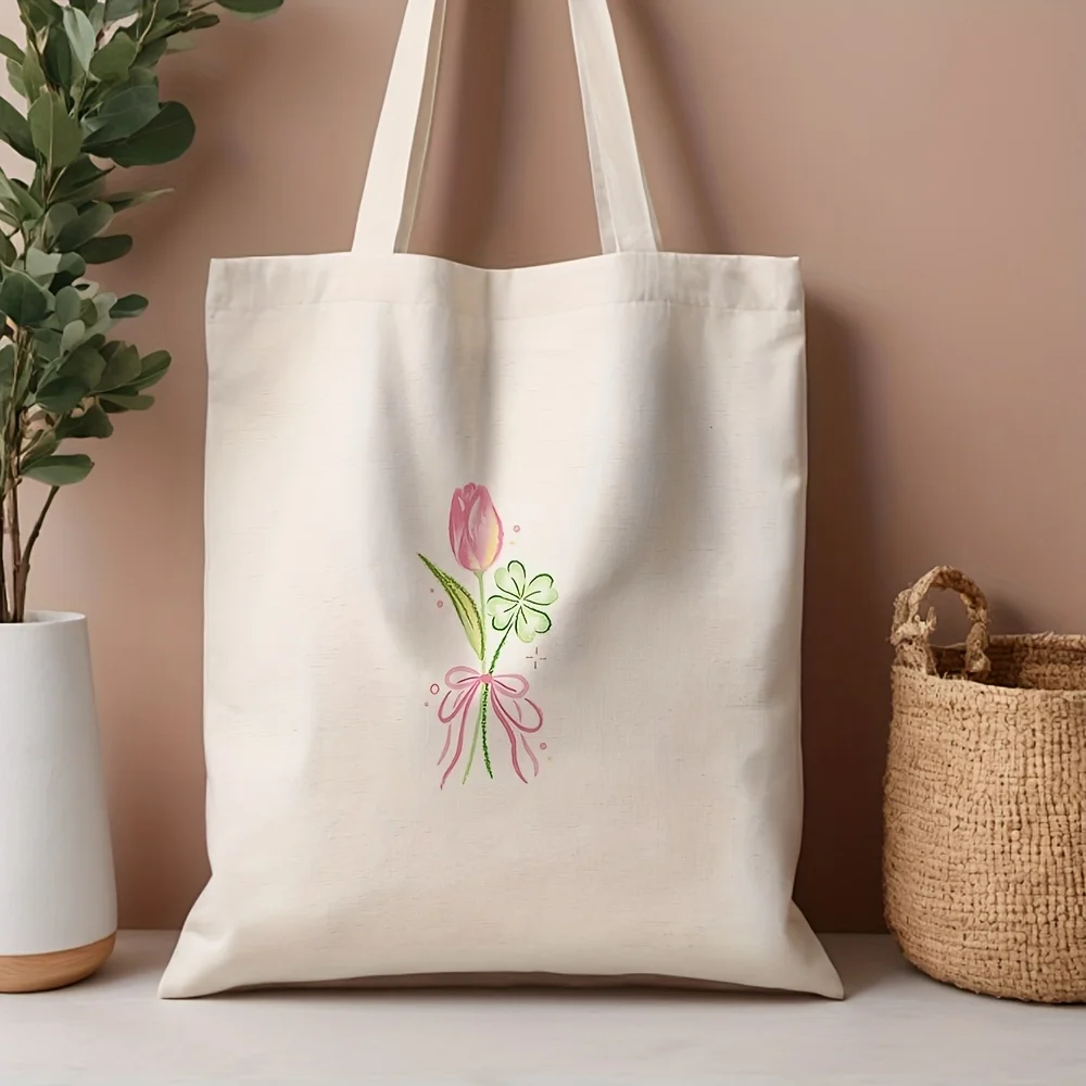 1pc, Pink Tulip and Shamrock Canvas Tote Bag Grocery Bags (35.05cm x 40.13cm), Stylish Shopping Bag for Daily Use, Commuting, Be