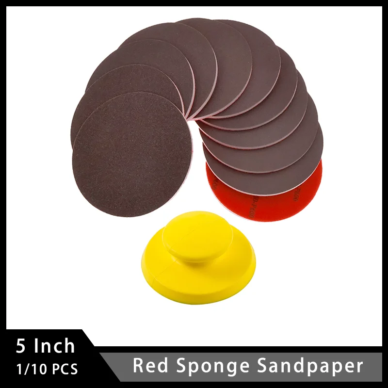 

5-дюймовая красная губчатая наждачная бумага с ручным шлифовальным блоком, 1/10 шт., на липучке, разные зернистости 120-3000, для полировки автомобилей, металла, дерева