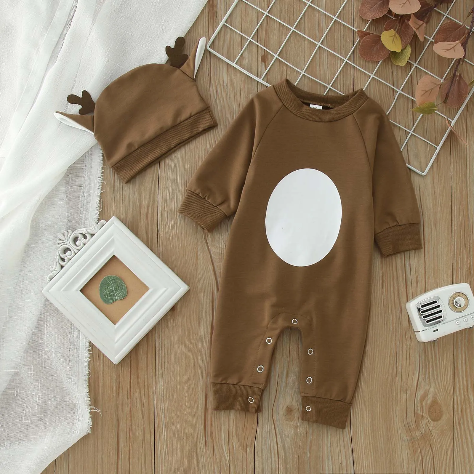 

0-18M Christmas Newborn Infant Baby Boy Girl Jumpsuit Long Sleeve Deer Romper+Hat Xmas Costumes 2Pcs Outfits Baptism Bodysuit