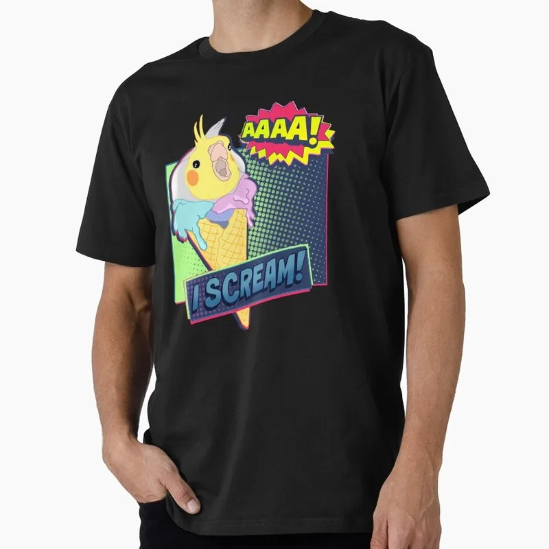 Ice Cream I scream Cockatiel Comic Funny Parrot Gift T-shirt for Birds Lover Short Sleeve Graphic Clothes All Size Tops S-6XL