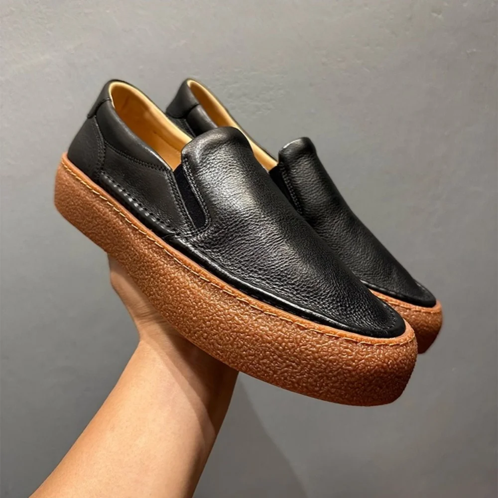 

QHCCID Men's Soft Platform Slip-On Loafers Comfortable Business Casual Genuine Leather Driving Shoes Handmade Cowhide men shoes