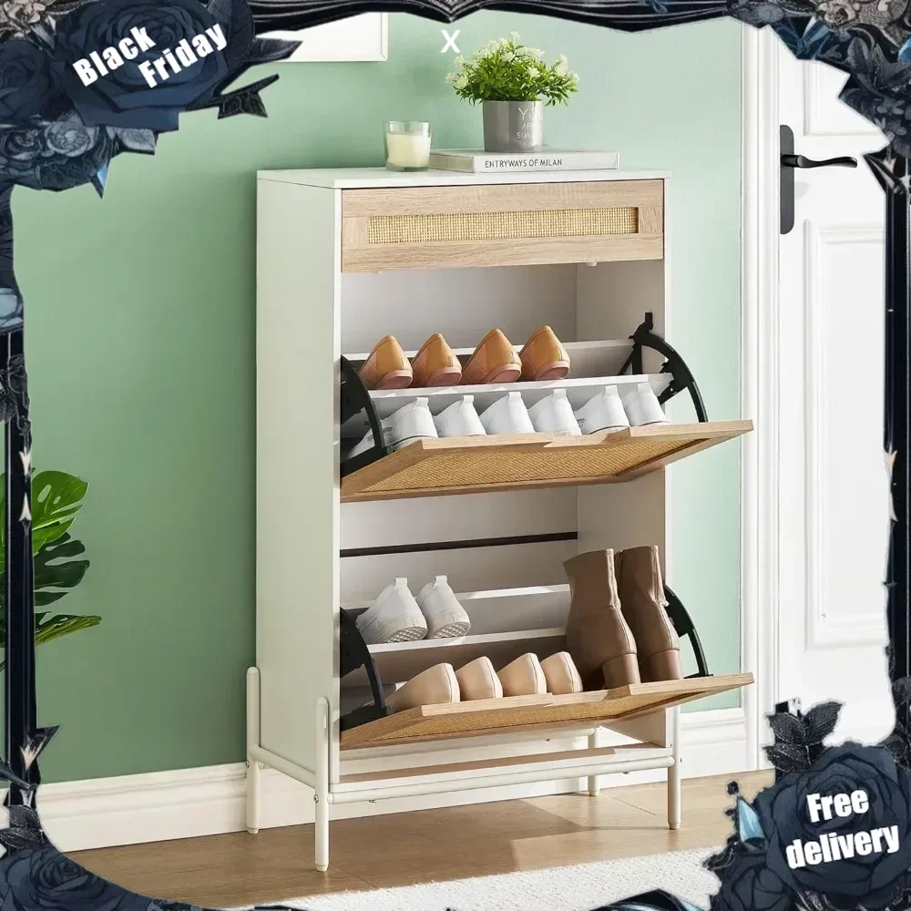 

Natural Rattan 2 Flip Down with 1 Drawer Free-Standing Shoe Rack, Shoe Cabinet Wood Organizer Freestanding with 3-Tier