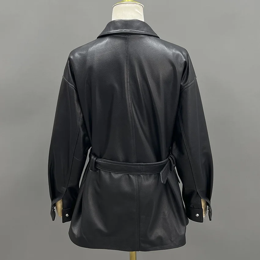 JANEFUR Cappotto da donna in vera pelle da ufficio da donna a vita alta retrò casual giacca in vera pelle di pecora autunno inverno JFB6-25009
