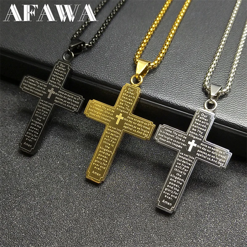 

Catholic Scriptures Cross Bible Pendant Necklace for Women Men Stainless Steel Gold Color Religion Prayer Chain Jewelry NZZZ797