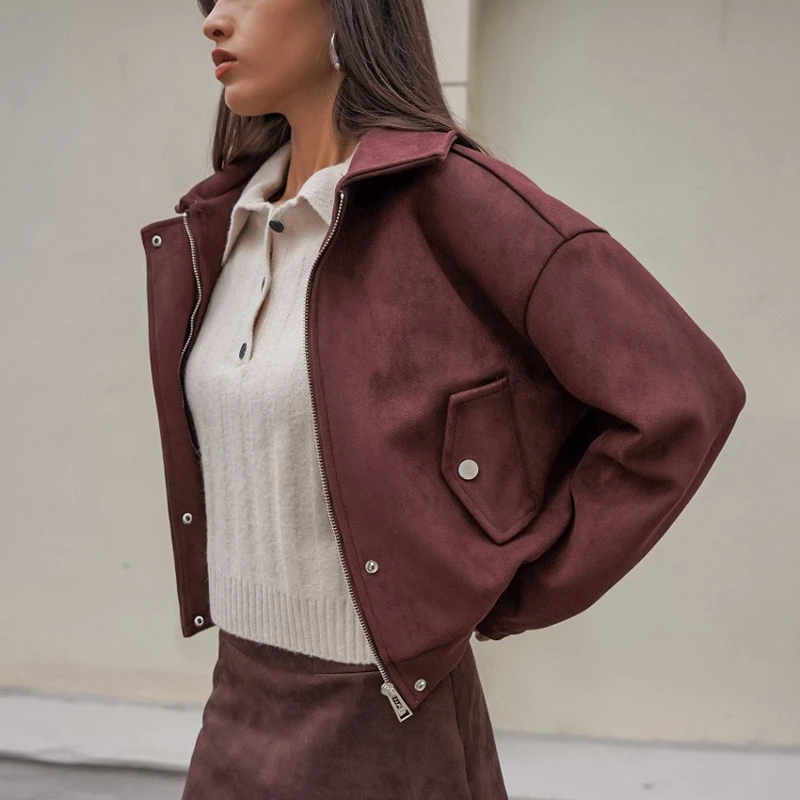 TARUXY Retro Suede Lapel Jacket Women's Zipper Pocket Reddish Brown Casual Loose Splicing Long Sleeves Coat Autumn Street Coat