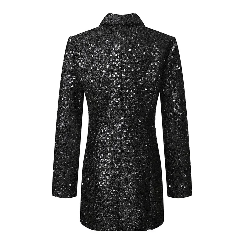 Luxus schwarze Frauen Anzug Glitzer Pailletten Blazer elegante weibliche Laufsteg Business Arbeit tragen Büro Dame Jacke Mantel