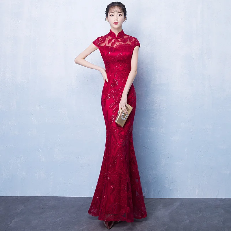 

Women Elegant Mandarin Collar Bridal Wedding Dress Sexy Slim Burgundy Novelty Cheongsam Exquisite Mermaid Trim Long Qipao