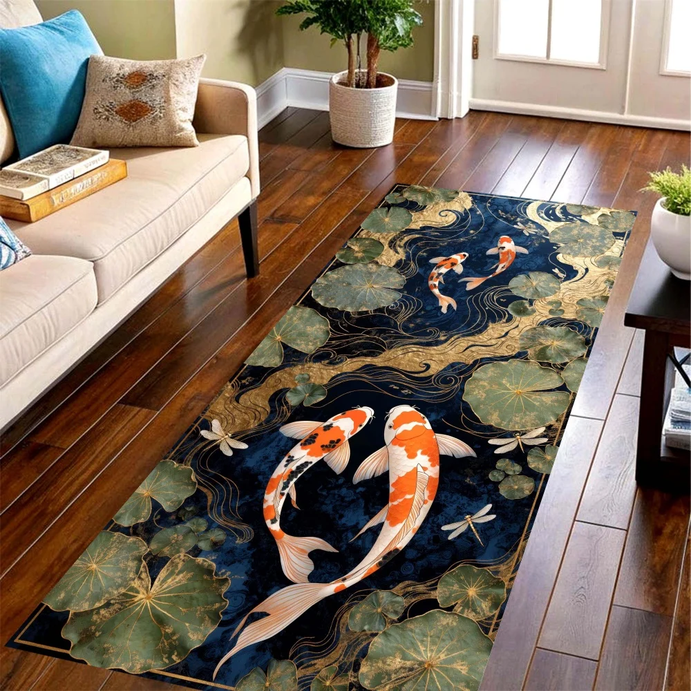 Dark Blue Koi Lotus Long Runner Rug,Oriental lucky print,kitchen,hallway,living room,balcony front entry floor decoration