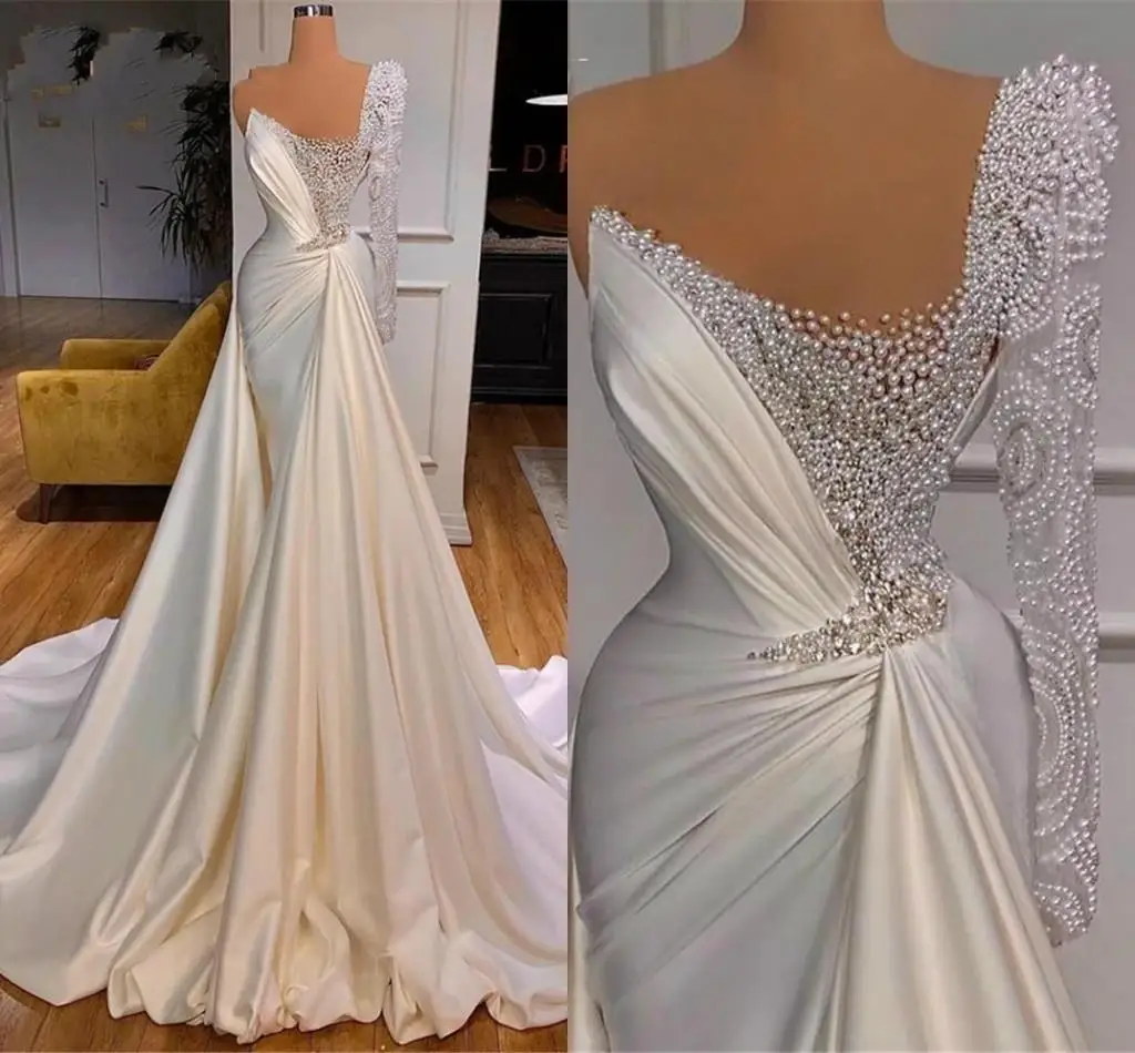 

Charming Pearls Mermaid Wedding Dresses with Overskirt One Shoulder Long Sleeve Satin Plus Size Vestidos De Novia Bridal Gown