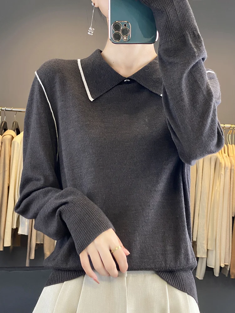 

Осень-зима, новый женский свитер из 100% шерсти, мягкий воротник-поло, пуловер контрастного цвета, вязаные топы, кашемировая женская одежда
