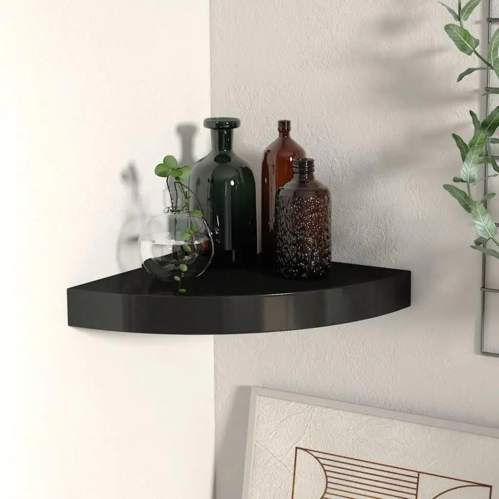 25x25x3.8 cm Black MDF Floating Corner Shelf - Space-Saving Wall Storage Solution