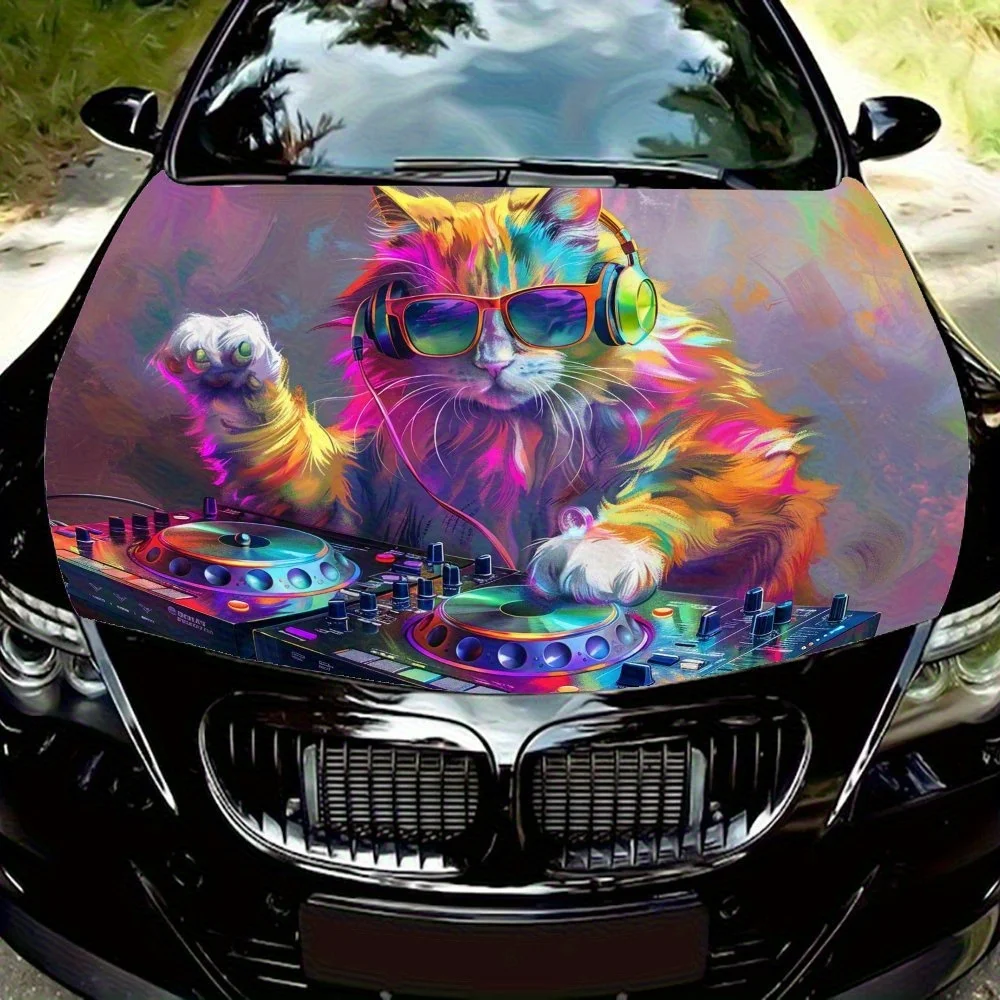 

DJing cat Упаковочная наклейка на капот автомобиля, материал ПВХ, самоклеящаяся водонепроницаемая, противоскользящая краска, аксессуары для наружного украшения автомобиля