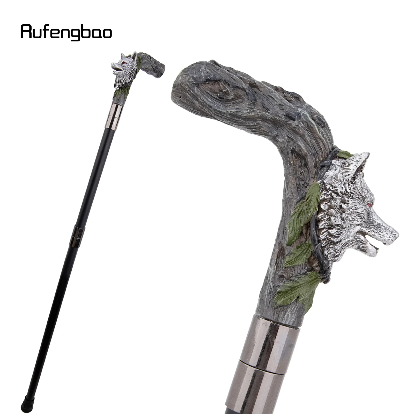 Silver Resin Wolf Head Tree Root Walking Cane Stick for Cosplay Everyday Use with Deluxe Box 93cm Performance Stage Cane