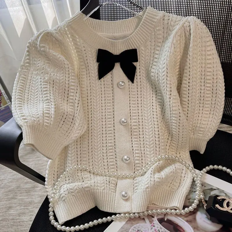 

Sweet Summer Knit T-shirt New Apricot O Neck Puff Sleeves Cropped Tops Bow Short Sleeves Knit Top Top Harajuku Tshirt Vintage