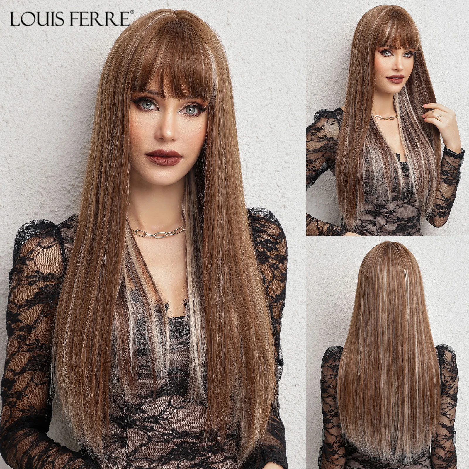 LOUIS FERRE Chocolate Brown With Blonde Highlight Synthetic Hair Long Straight Natural Wigs With Bangs Women's Cosplay Fiber Wig