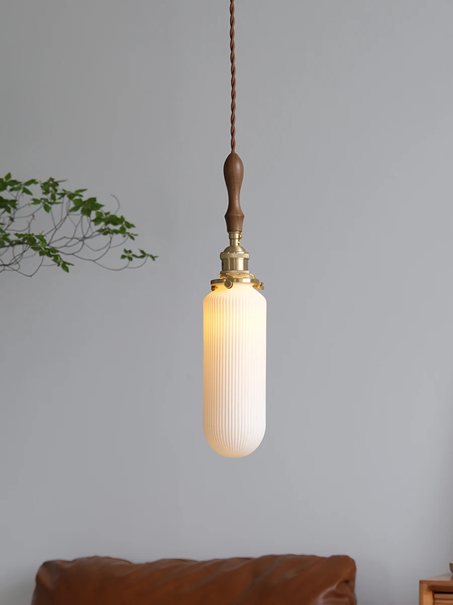 IWHD White Ceramic Ball LED Pendant Lights Fixtures Wandlamp Copper Socket Wood Handle Bar Living Room Bedroom Hanging Lamp