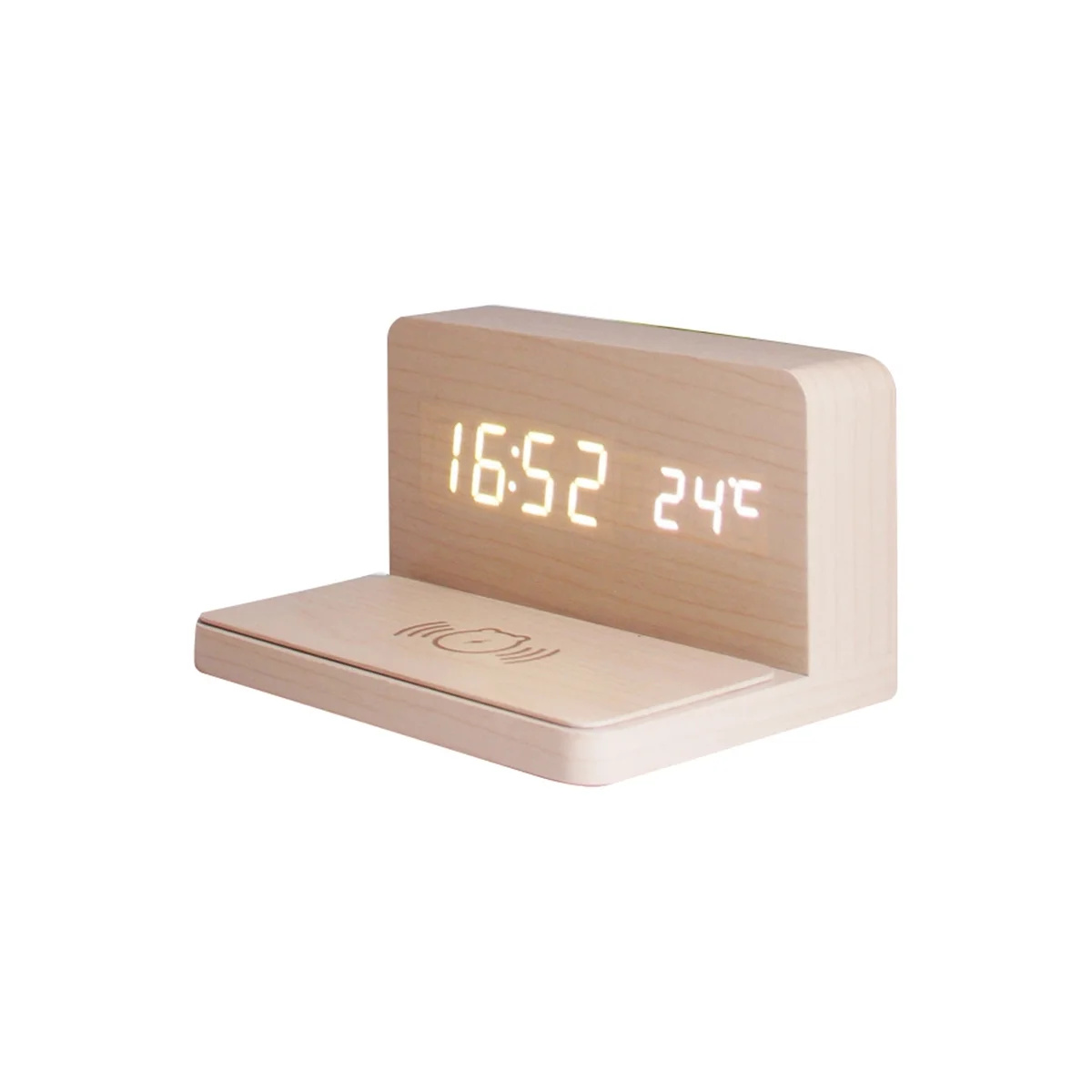 10W Multifunctional LED Wireless Charging Alarm Clock Silent Clock Electronic Clock Wireless Charging Thermometer-Bamboo