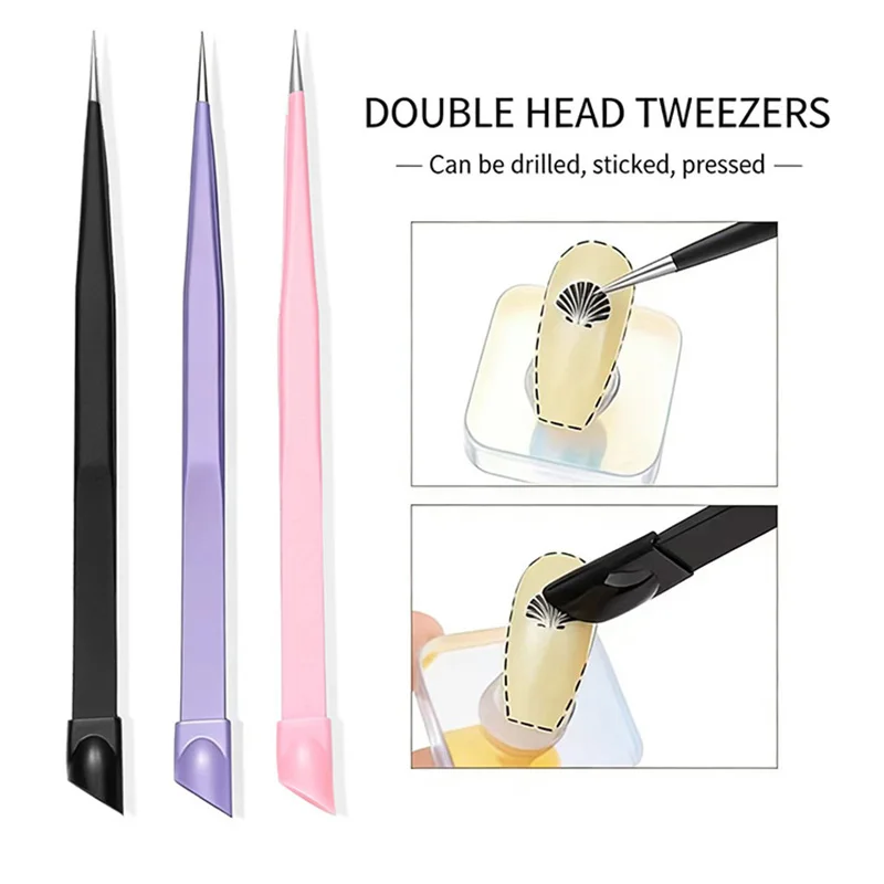 Double Headed Tweezers Multi Use Silicone Pressing Nail Clipping Tool Take Sticker Tape Crystal Manicure Tweezers 1PC