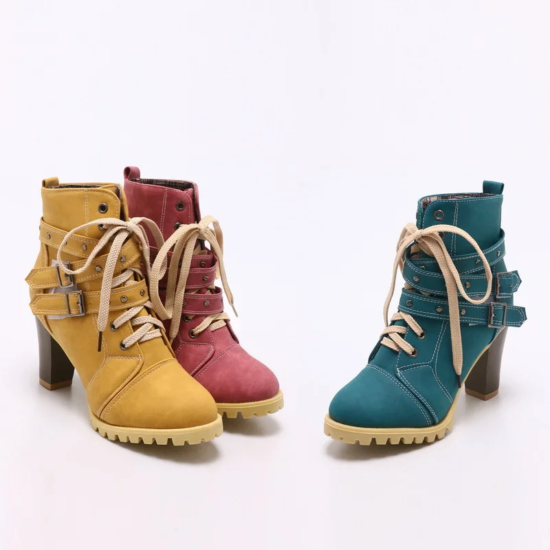 Fall Winter round Toe Buckle High Chunky Heel Ladies Large Size Short Boots Rivet Detailing Women's Footwear Fashion Accessory