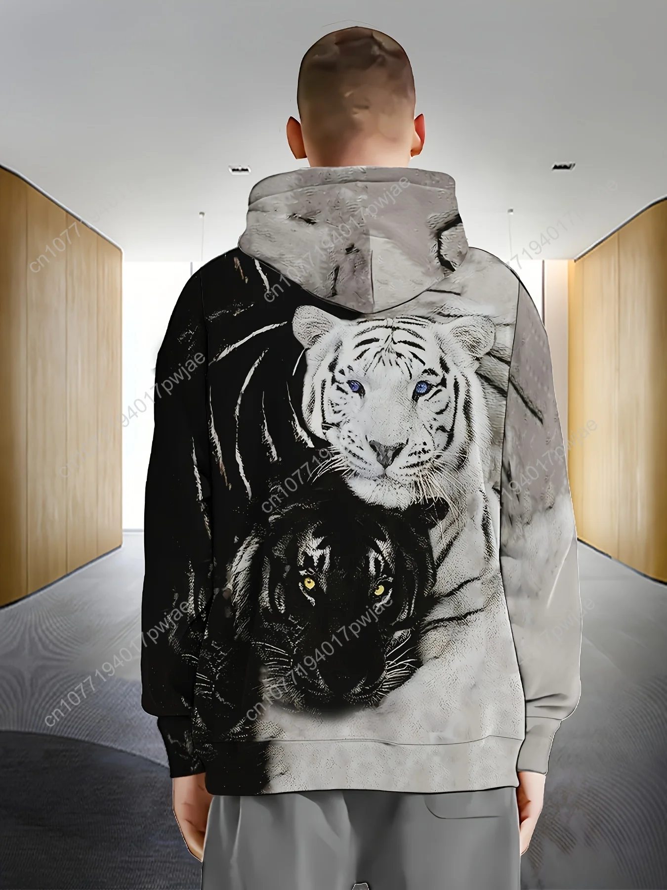 Moletom masculino de manga comprida com zíper e design de tigre, jaqueta casual ao ar livre para outono e inverno, com cordões e bolso