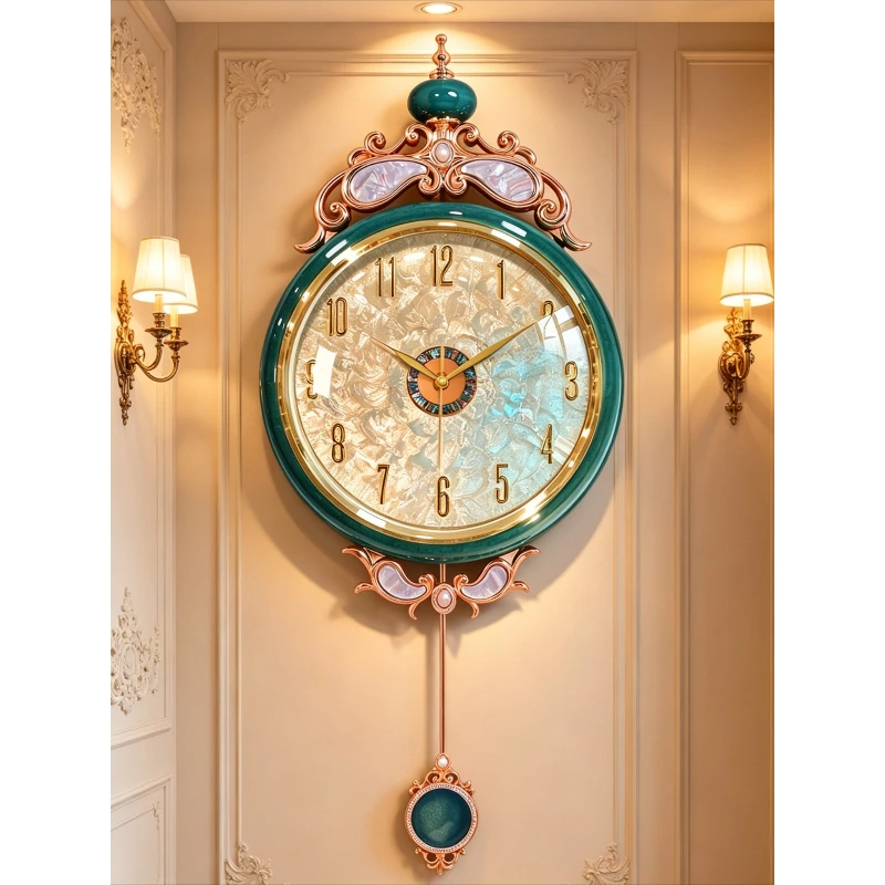 European Luxury Pendulum Wall Clock Ceramic Shell Decor Silent Quartz Home No‑Drill Wall Watch for Living Room Hallway